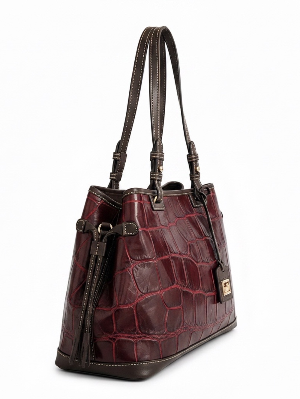 Dooney & Bourke Burgundy Croc Embossed Leather Large Tassel Shoulder Tote - Picture 6 of 15